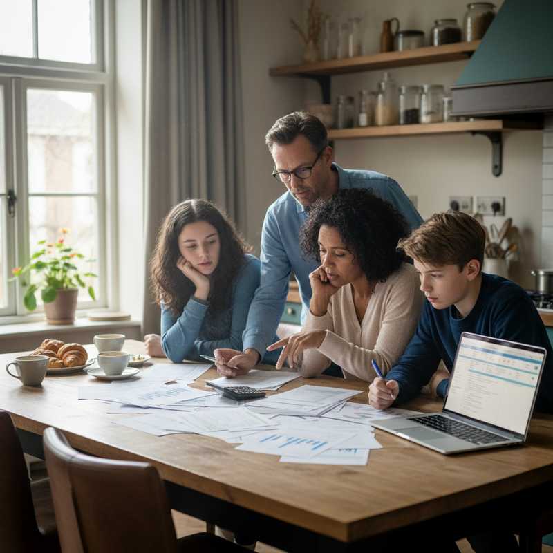 Nederlands gezin aan keukentafel met financiële documenten en rekenmachine, bespreekt belastingaanpassingen