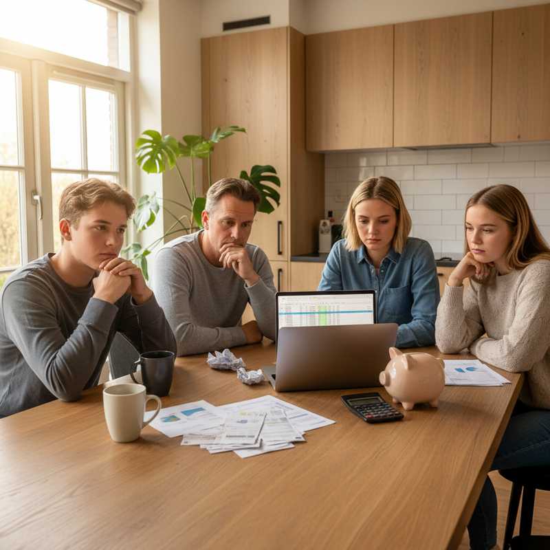 Familie aan keukentafel met rekeningen en calculator tijdens budgetbespreking