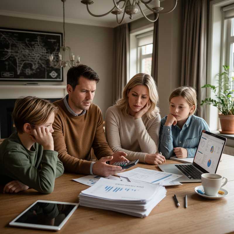 Nederlands gezin bekijkt hypotheekdocumenten aan keukentafel met calculator