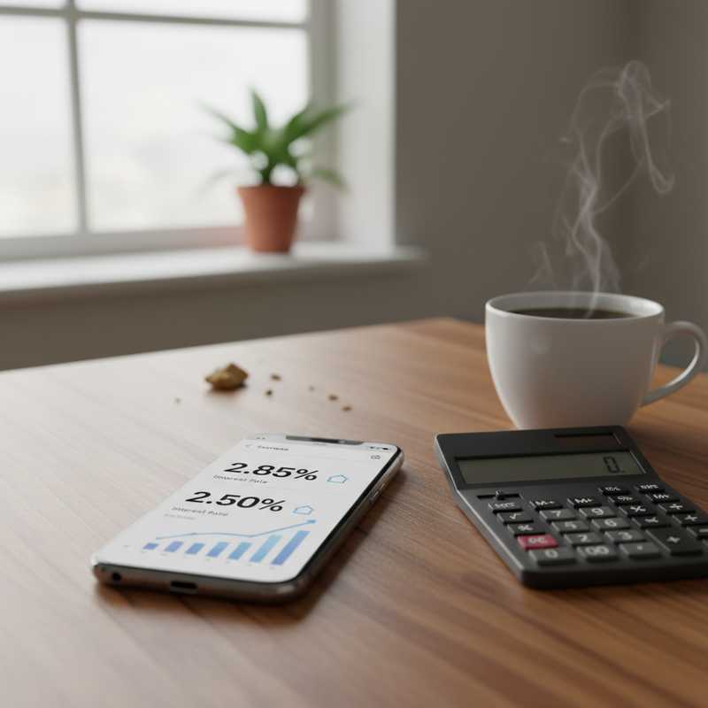 Smartphone met spaar-app interface toont spaarrentes van 2,85% en 2,50% op keukentafel met rekenmachine