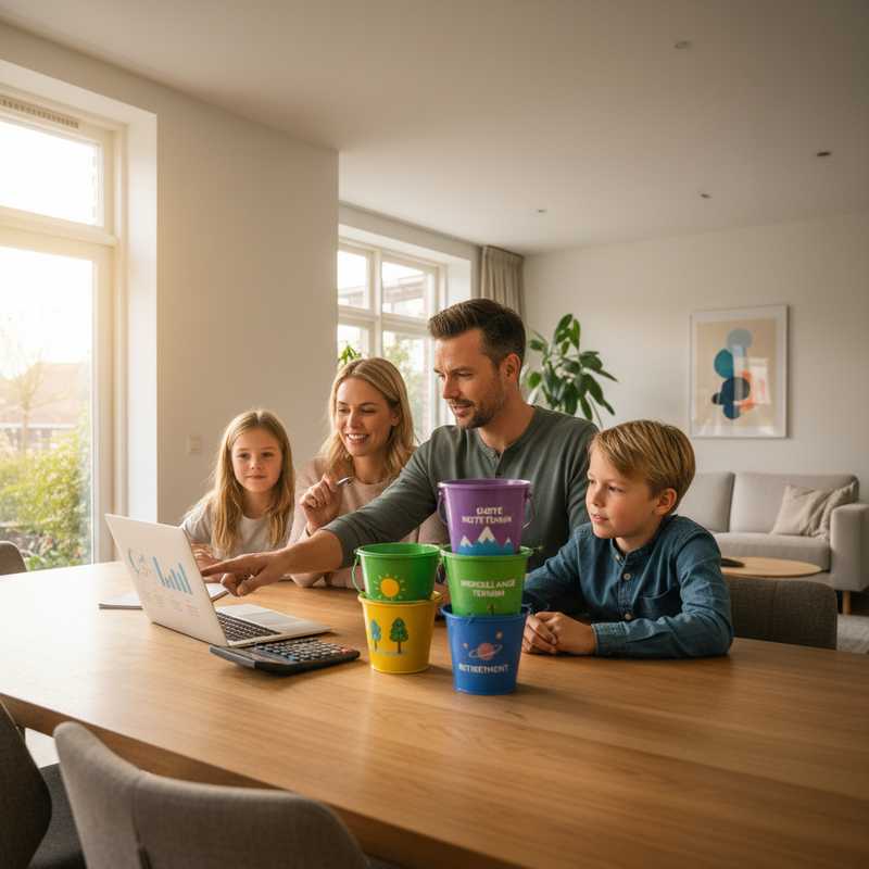 Nederlands gezin aan tafel met financiële planning materialen en buckets voor verschillende tijdshorizonten