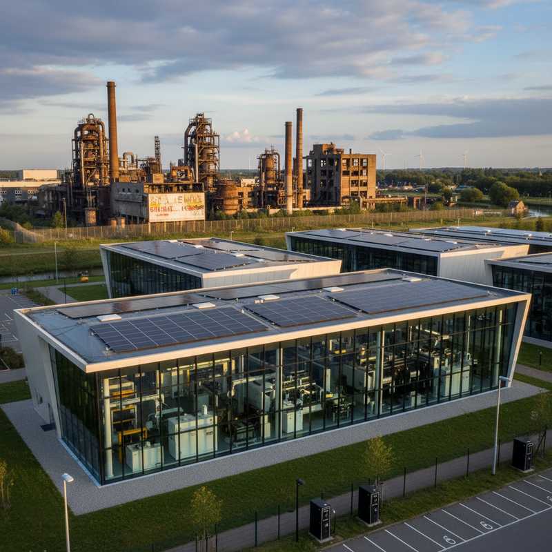 Modern semiconductor manufacturing facility with solar panels representing Dutch economic shift from energy-intensive to tech sectors