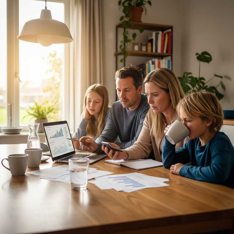 Nederlands gezin bekijkt beleggingsportefeuille op laptop aan eettafel