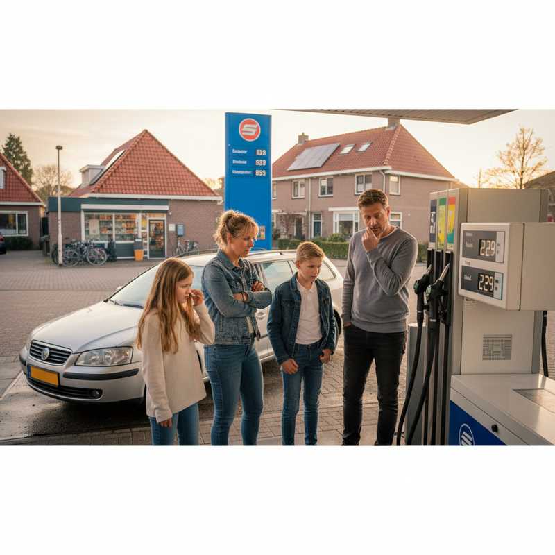Nederlandse familie bij benzinepomp kijkt bezorgd naar brandstofprijzen van €2,29 per liter