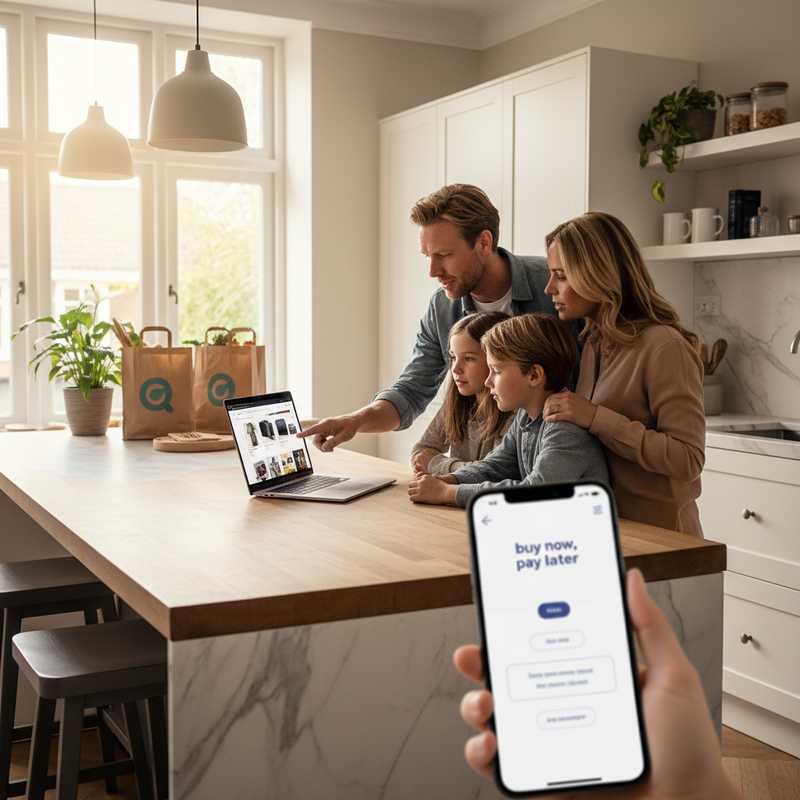 Familie bekijkt online winkelmogelijkheden met 'koop nu, betaal later' optie op smartphone