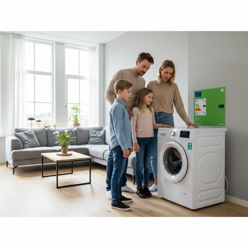 Nederlands gezin bekijkt nieuwe energiezuinige wasmachine in moderne woonkamer