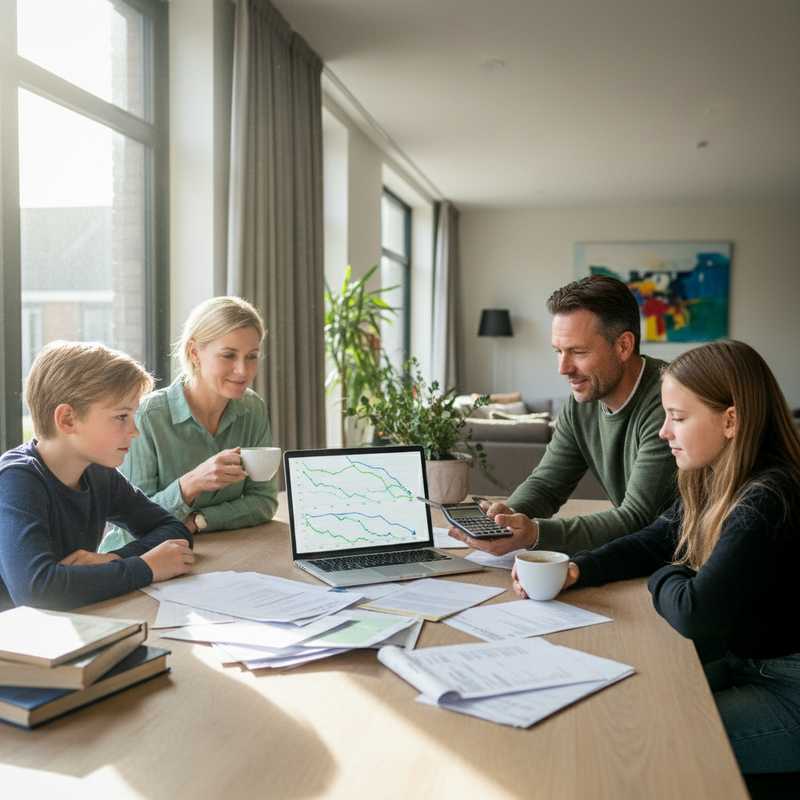 Nederlands gezin bespreekt financiën aan keukentafel met laptop en documenten