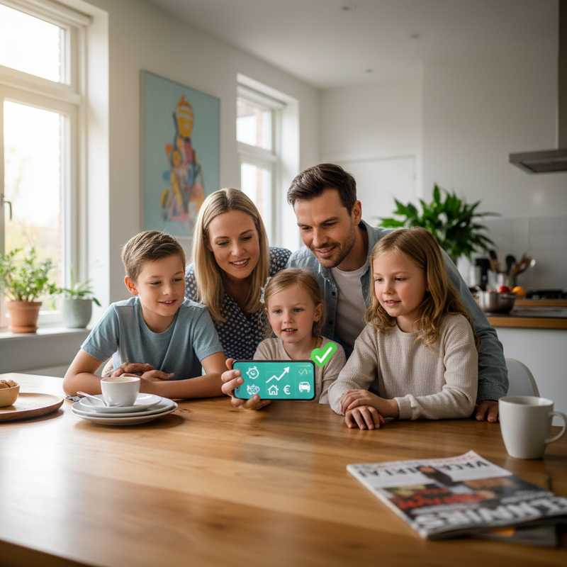 Nederlands gezin bekijkt spaar-app op smartphone aan keukentafel met euro symbolen op scherm