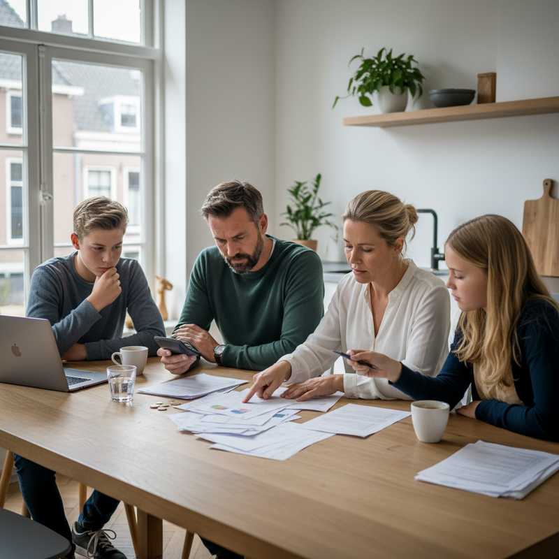 Nederlands gezin aan keukentafel met rekeningen en calculator om vakantiegeld budget te plannen