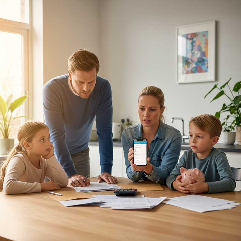 Nederlands gezin aan keukentafel met financiële documenten en rekenmachine, bespreekt vakantiegeld