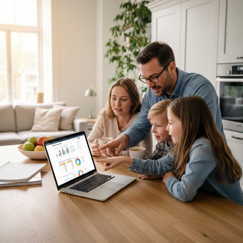 Familie aan keukentafel die op laptop spaarrentes vergelijkt