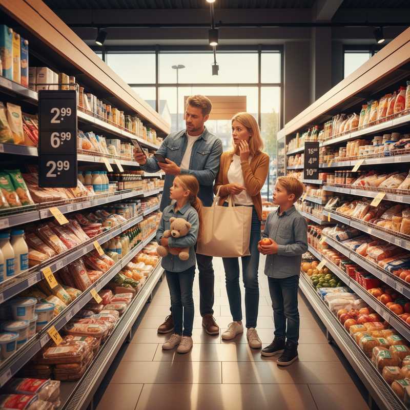 Nederlands gezin vergelijkt prijzen tijdens boodschappen doen in supermarkt