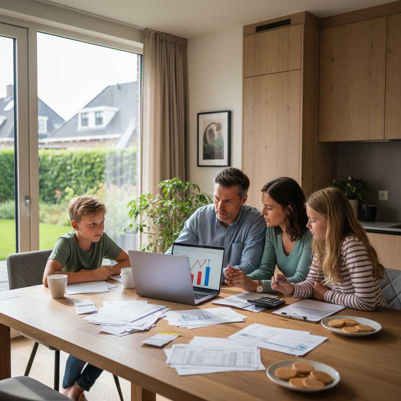 Nederlands gezin bekijkt samen financiële overzichten aan keukentafel met laptop