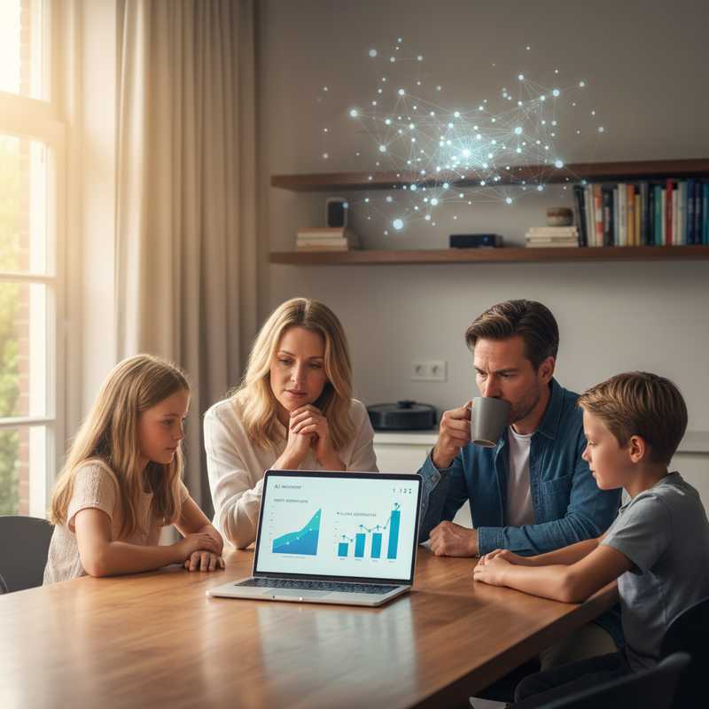 Nederlandse gezin vergelijkt aanbiedingen op laptop met AI-assistent in moderne keuken