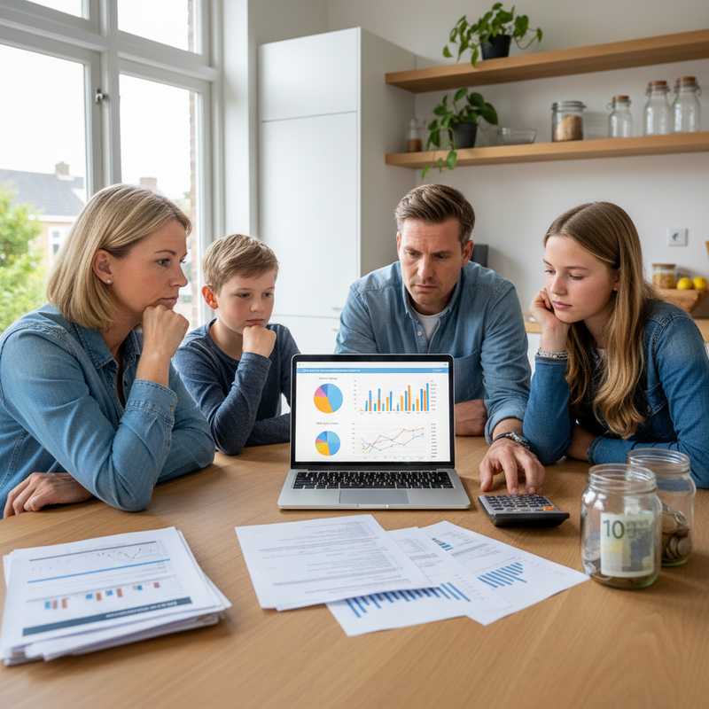 Nederlands gezin bekijkt financiële documenten en grafieken aan keukentafel met rekenmachine en spaarpot
