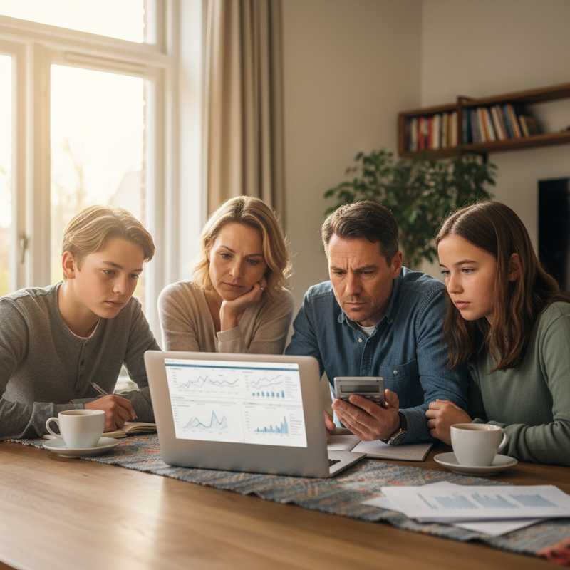 Familie bekijkt financiële documenten en grafieken op laptop tijdens budgetplanning sessie thuis