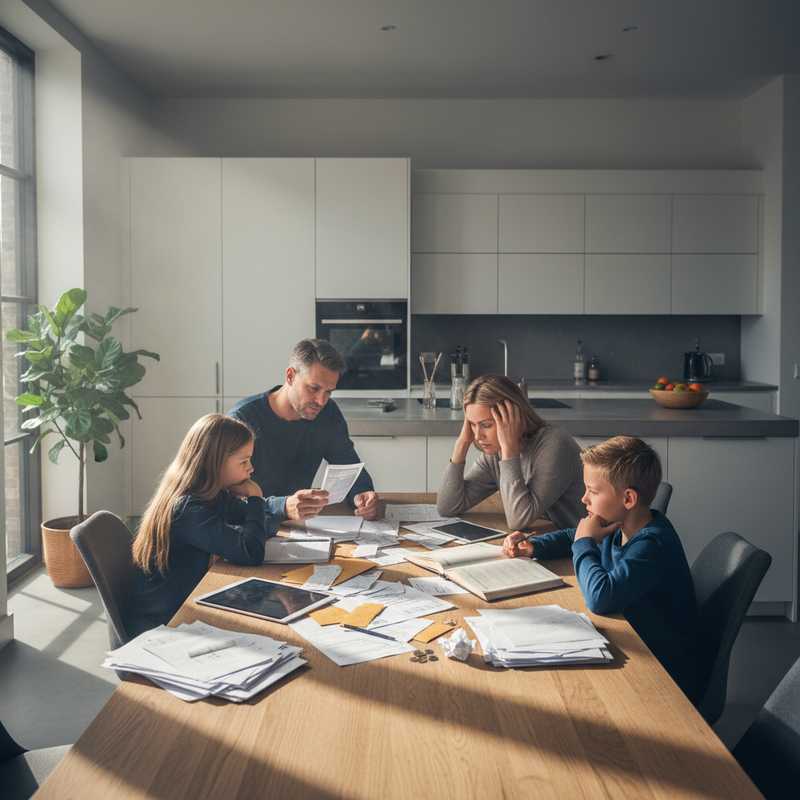 Nederlands gezin zit aan keukentafel met financiële documenten en rekeningen, kijkend bezorgd naar hun budget