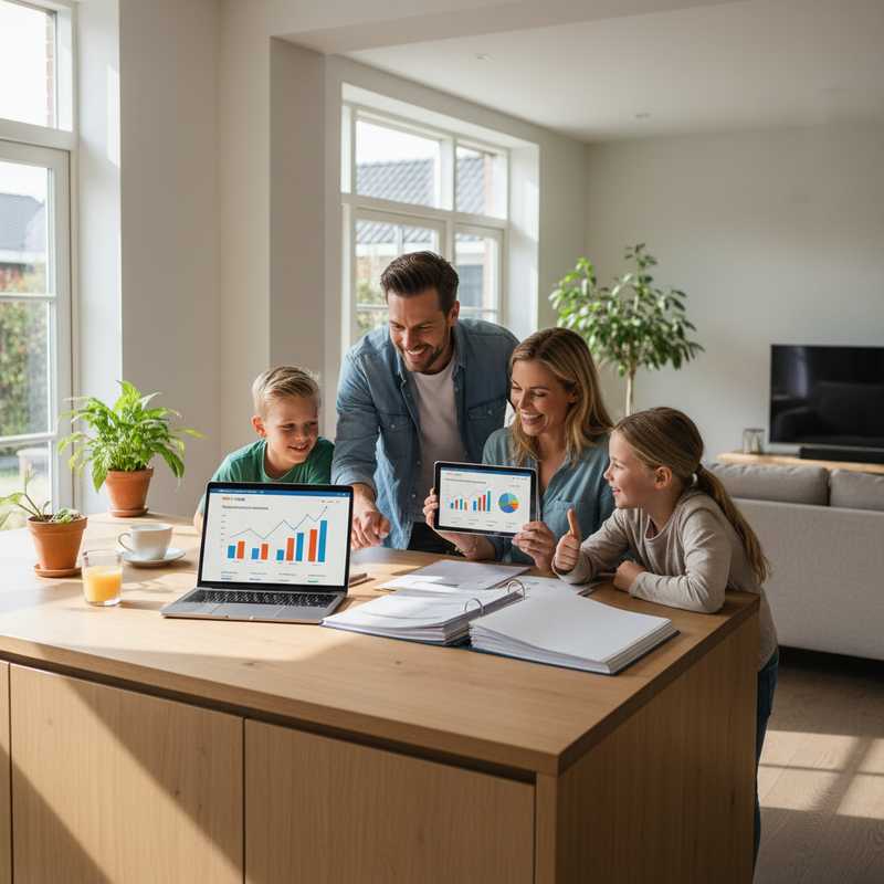 Nederlands gezin bekijkt samen spaarrente vergelijkingen op laptop aan keukentafel