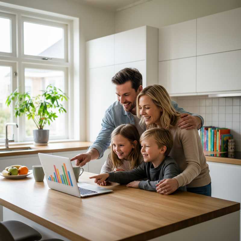 Nederlands gezin zit samen aan keukentafel en bekijkt de Nibud BufferBerekenaar op laptop