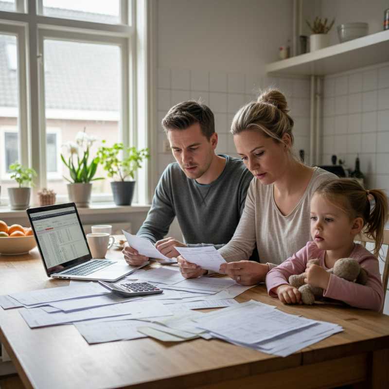 Nederlands gezin bekijkt samen bezorgd hun financiële administratie aan keukentafel