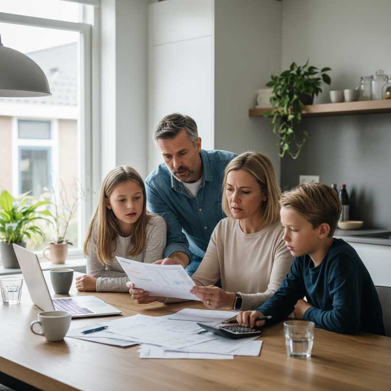 Nederlands gezin bekijkt energierekeningen en budget aan keukentafel met rekenmachine