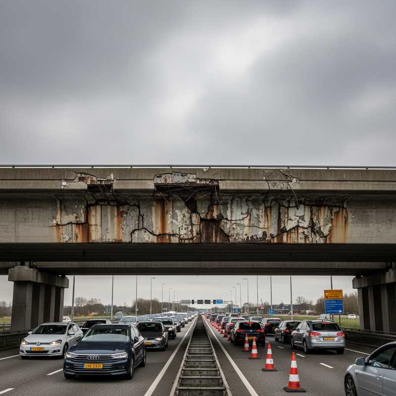 Verwaarloosde betonnen snelwegbrug met scheuren en files op de weg eronder, symbool voor infrastructuurtekort in Nederland
