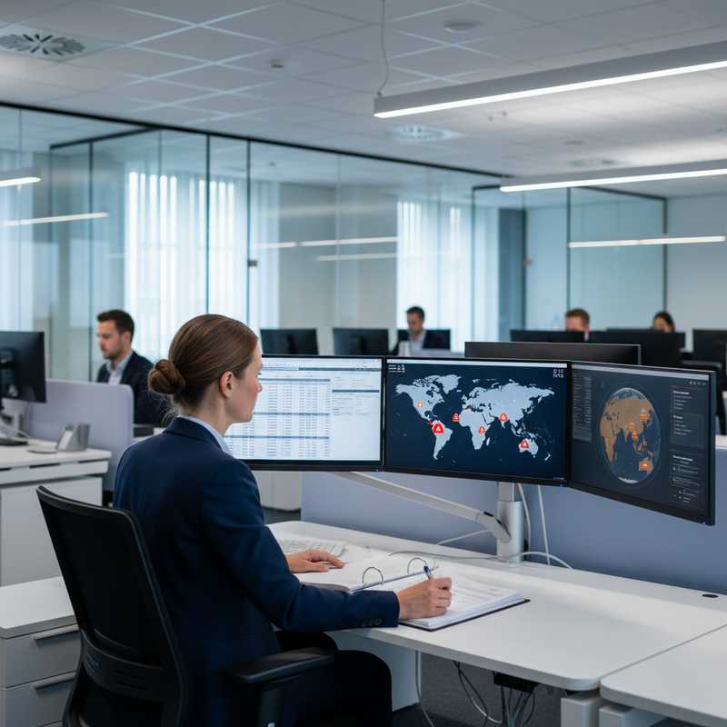 Bank medewerker controleert transacties op computerschermen met wereldkaarten en gemarkeerde risico-landen