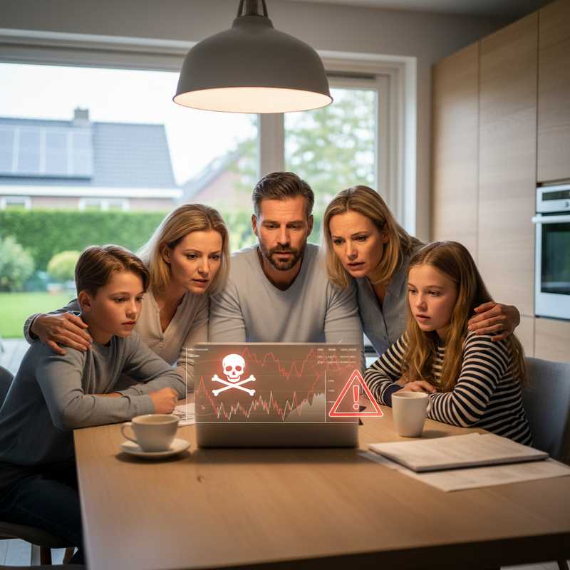 Familie kijkt bezorgd naar laptop met waarschuwingssymbolen op scherm in Nederlandse woning