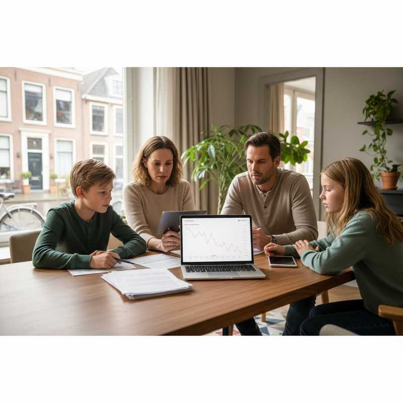 Nederlands gezin bekijkt samen financiële documenten en beleggingsgrafieken aan keukentafel