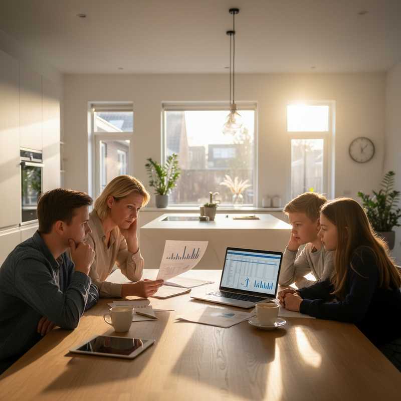 Nederlands gezin aan keukentafel met financiële documenten en laptop, overweegt beleggingsmogelijkheden
