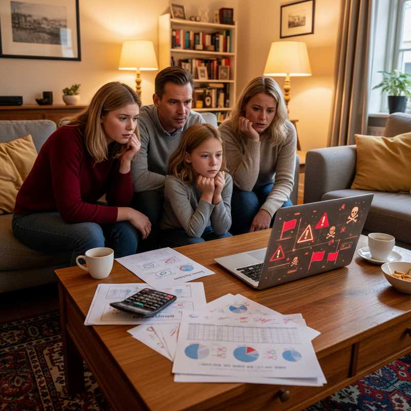 Bezorgd Nederlands gezin bekijkt waarschuwingen over illegale online casino's op laptop met budget documenten