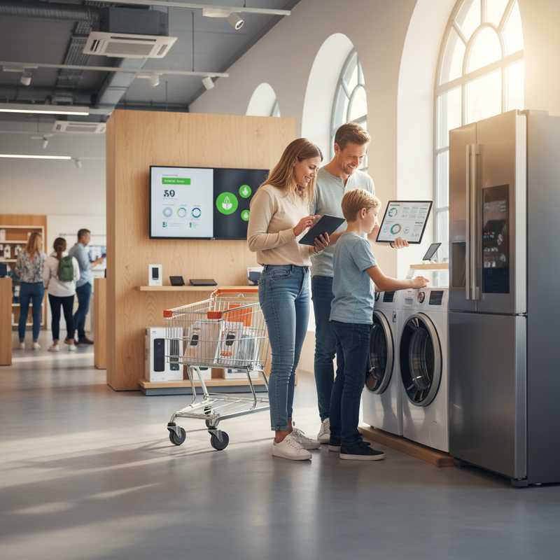 Familie in elektronicawinkel bekijkt energiezuinige apparaten tijdens consumptie-stijging maart 2026