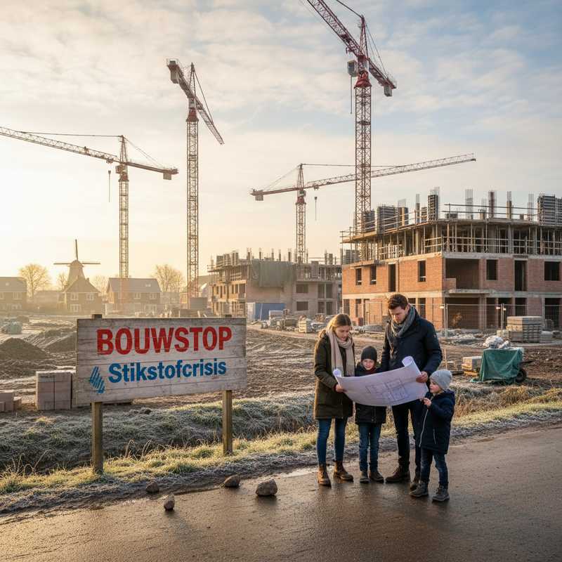 Stilgelegde bouwplaats met Nederlandse gezin dat huisplannen bekijkt terwijl bouwkranen stilstaan op de achtergrond