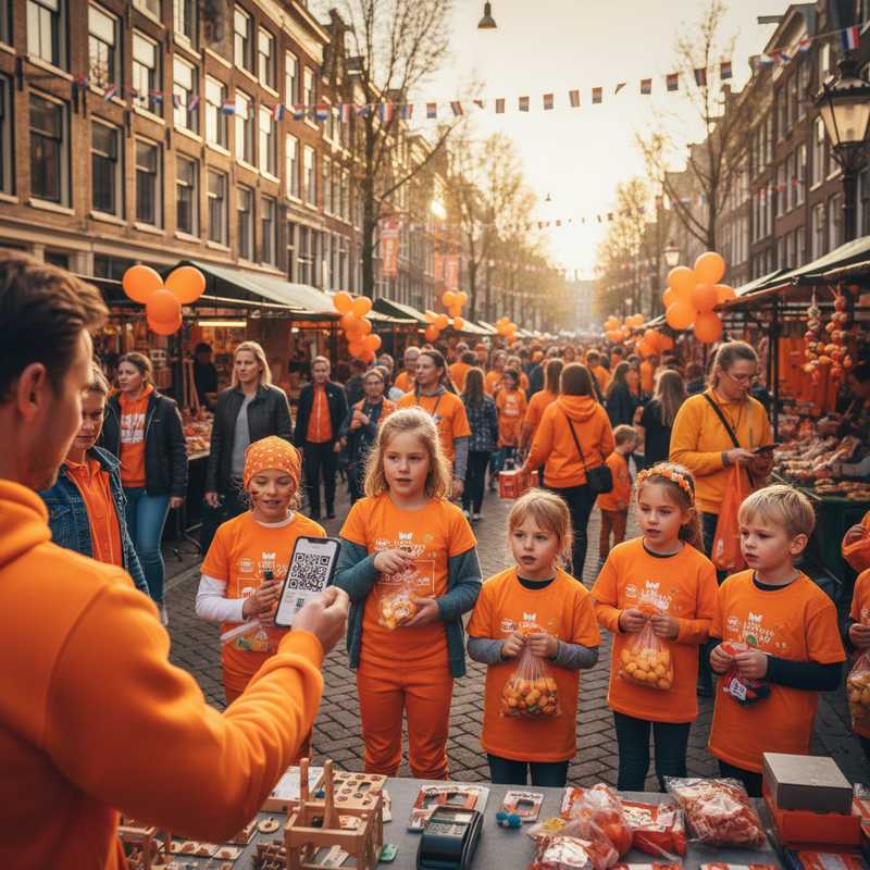 Gezin op Koningsdag vrijmarkt scant QR-code met smartphone voor Tikkie-betaling bij verkoopstand