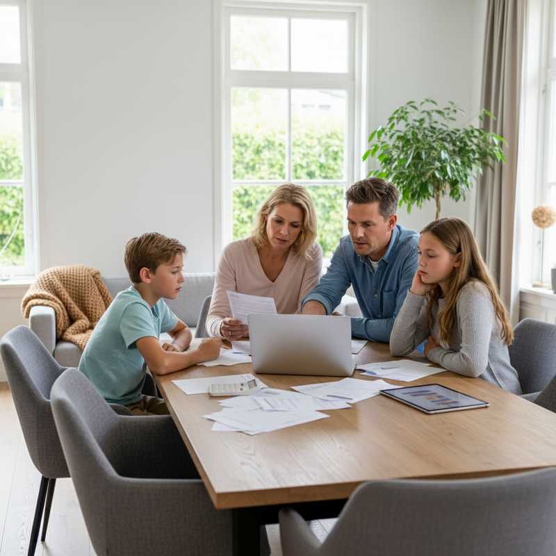 Nederlands gezin bespreekt financiële strategie aan keukentafel met laptop en rekenmachine