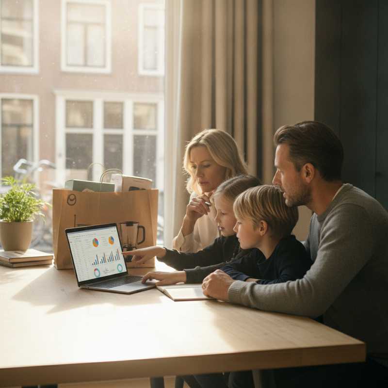 Familie bekijkt huishoudbudget op laptop met boodschappentassen en elektronica op tafel