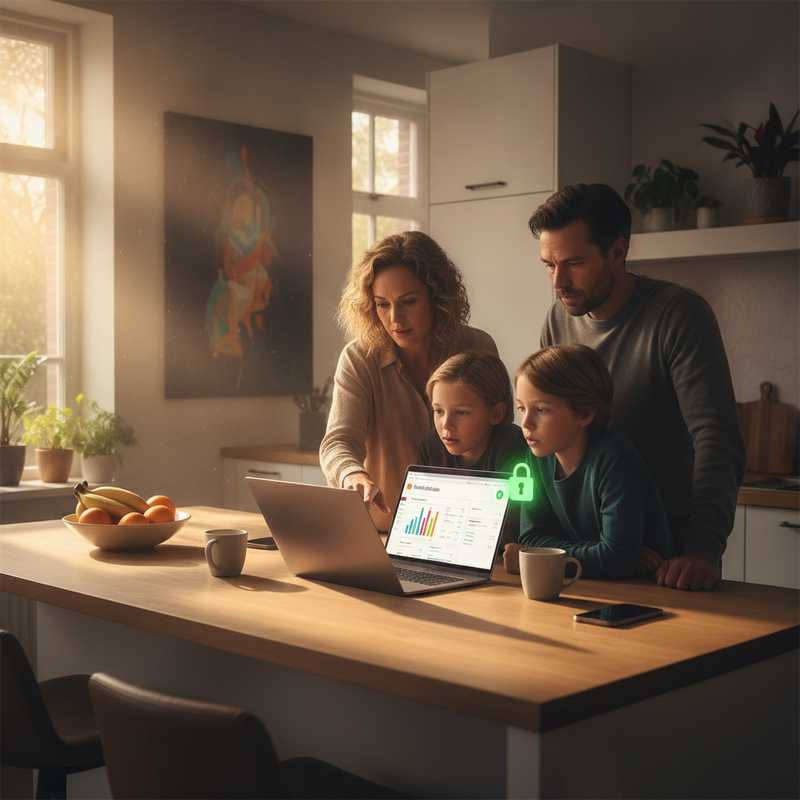 Nederlands gezin bekijkt beveiligde online banking op laptop aan keukentafel