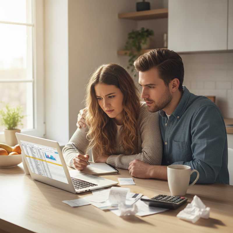 Jong stel aan keukentafel met laptop en rekeningen, bezig met budgetplanning