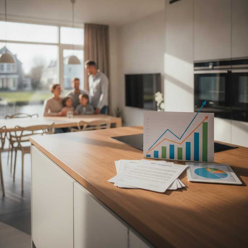 Hypotheekdocument en financiële grafieken op tafel bij Nederlands gezinshuis