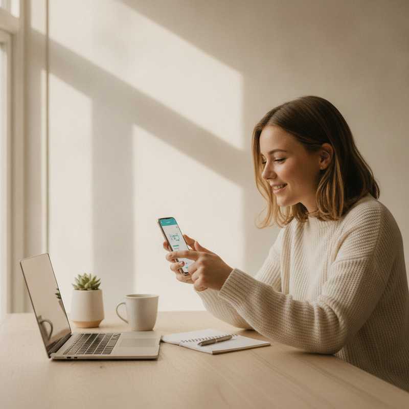 Jonge vrouw kijkt opgelucht naar haar telefoon terwijl ze haar spaargeld checkt aan keukentafel