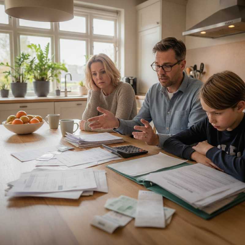 Familie aan keukentafel met rekeningen en medische documenten, calculator en bezorgde gezichtsuitdrukkingen