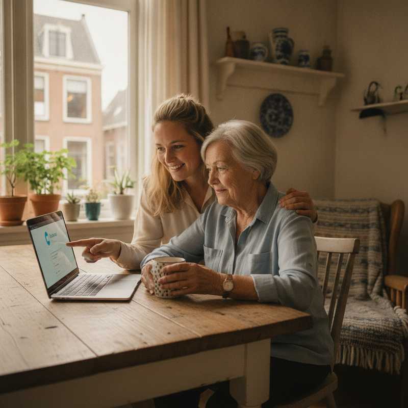 Volwassen dochter helpt oudere moeder met online bankieren aan keukentafel met laptop