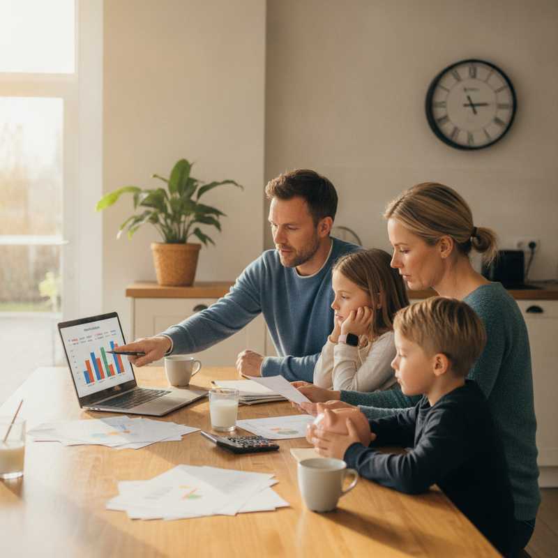 Nederlands gezin bekijkt spaaropties en financiële planning aan keukentafel met laptop