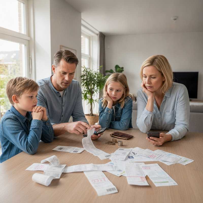 Familie bestudeert rekeningen en bonnetjes aan keukentafel om budgetbeslissingen te maken tijdens periode van hoge inflatie