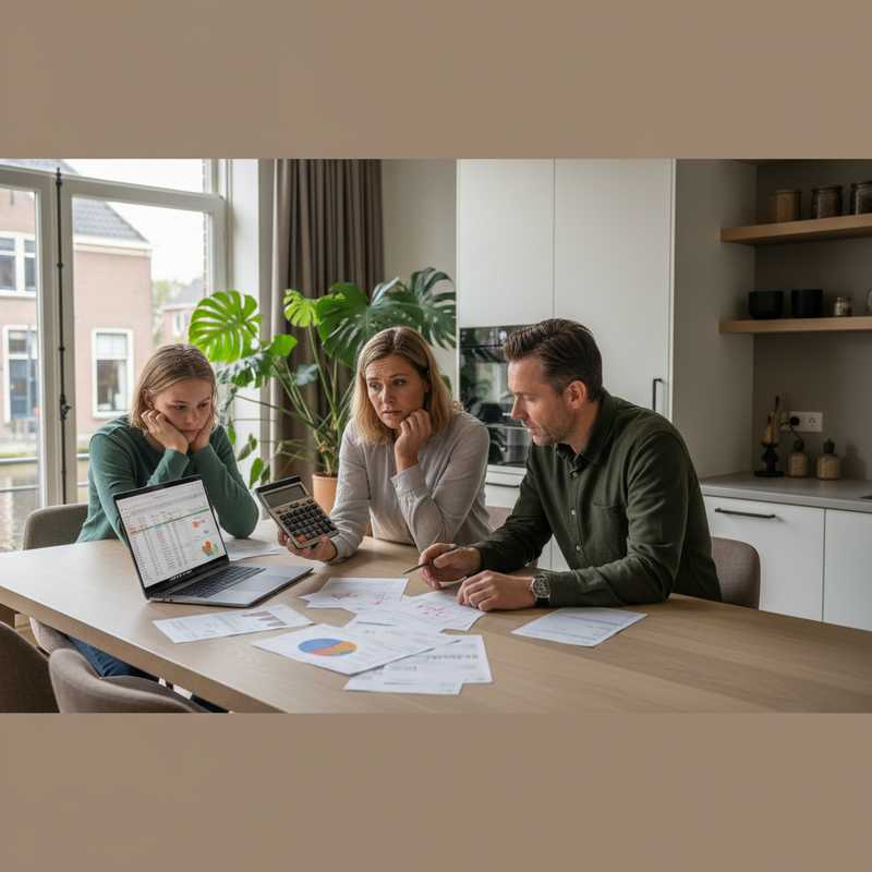 Nederlands gezin berekent huishoudbudget aan keukentafel met rekenmachine en rekeningen