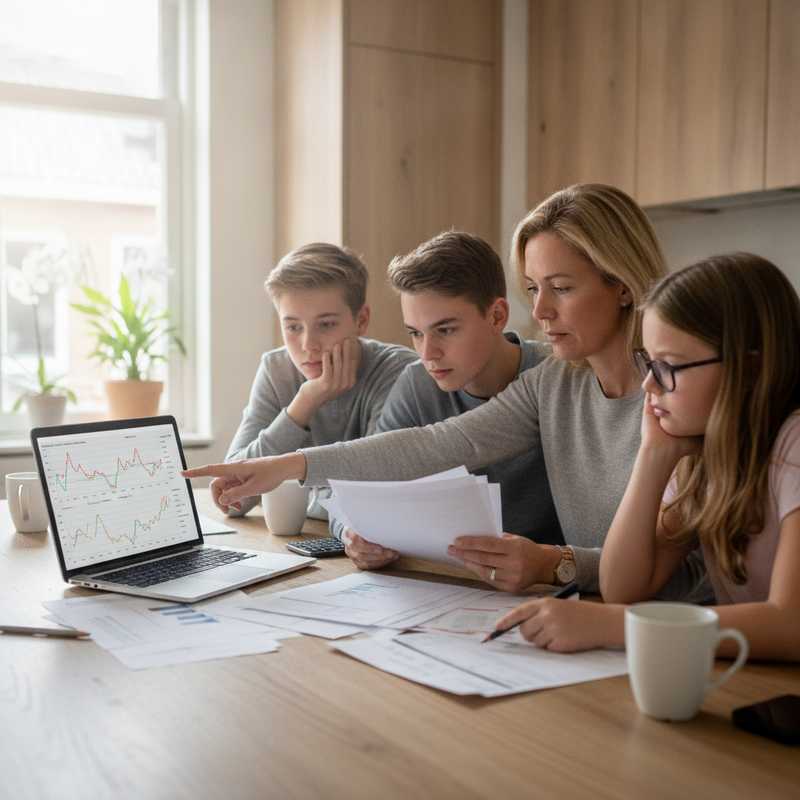 Nederlands gezin bekijkt beleggingsportefeuille op laptop terwijl ze financiële documenten doornemen aan keukentafel