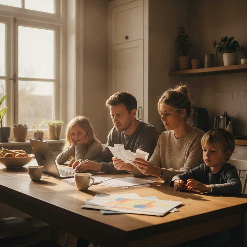 Nederlands gezin aan keukentafel met rekeningen en laptop terwijl ze hun financiën doornemen