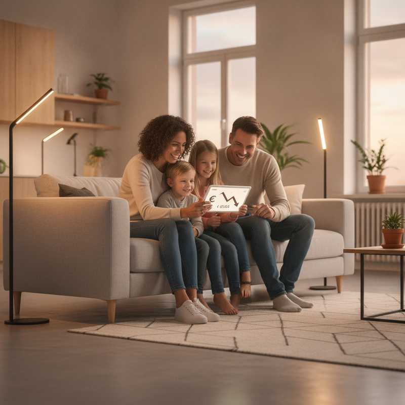 Gezin bekijkt lagere energierekening op tablet in Nederlandse woonkamer