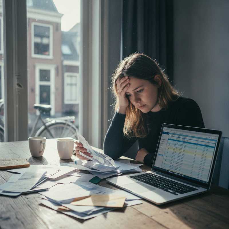 Jonge vrouw aan keukentafel met bezorgde blik kijkend naar rekeningen en budget op laptop