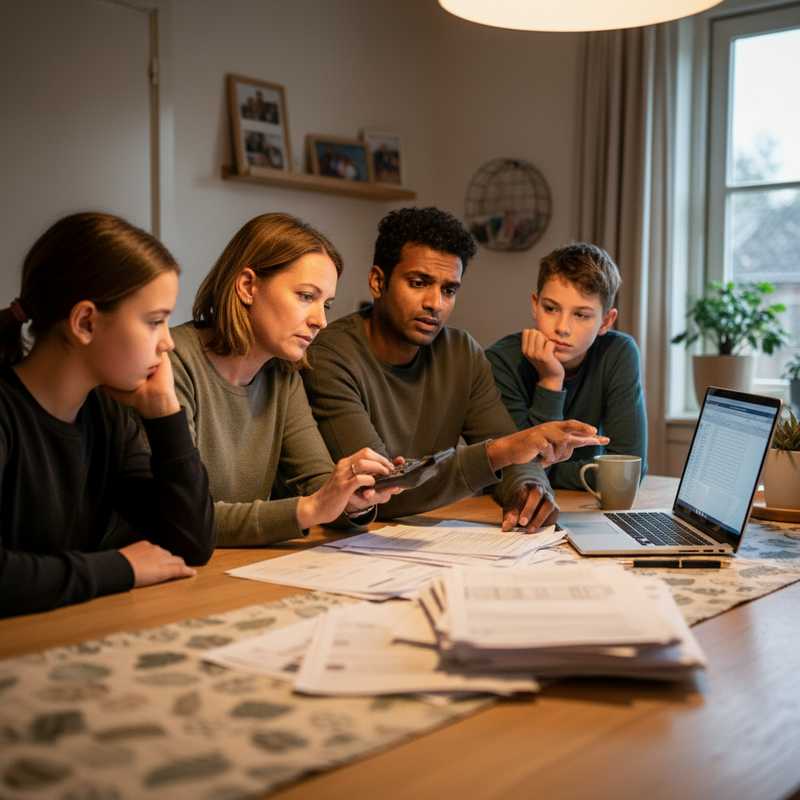 Nederlands gezin bekijkt samen financiële documenten aan keukentafel met bezorgde gezichtsuitdrukkingen